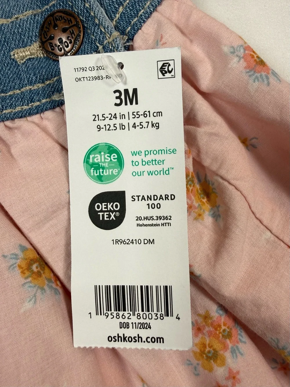 NWT OSHKOSH Girl Denim Floral Overall Jumper Dress 3M Cottagecore‎ Farmhouse NEW